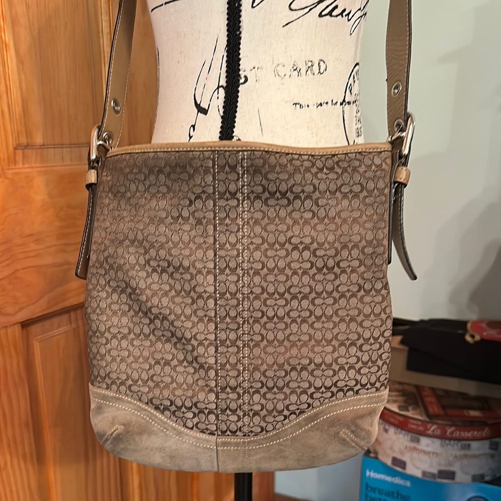 Coach Tan and Brown Crossbody Bag with Signature Pattern